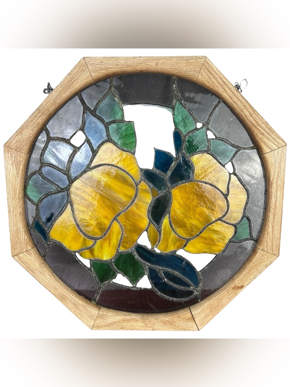 VTG Handmade Yellow Roses Stained Glass Window Hanging Suncatcher 17.5”x17.5”